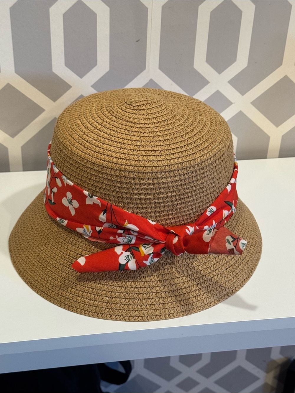 Do everything in love Tan Straw Bucket Hat with Red Floral Scarf
